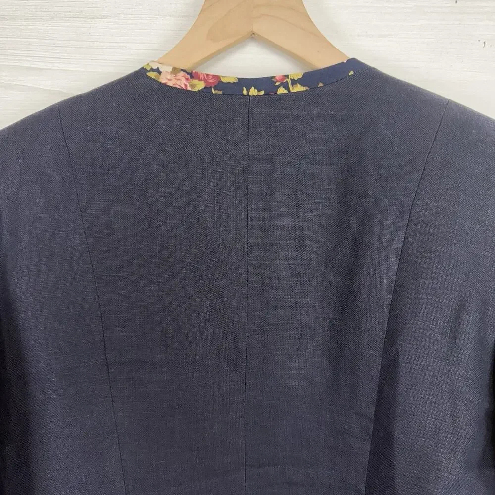 Hernando Trujillo Linen Blazer Jacket Women 8 Navy Floral‎ Trim Preppy Spring